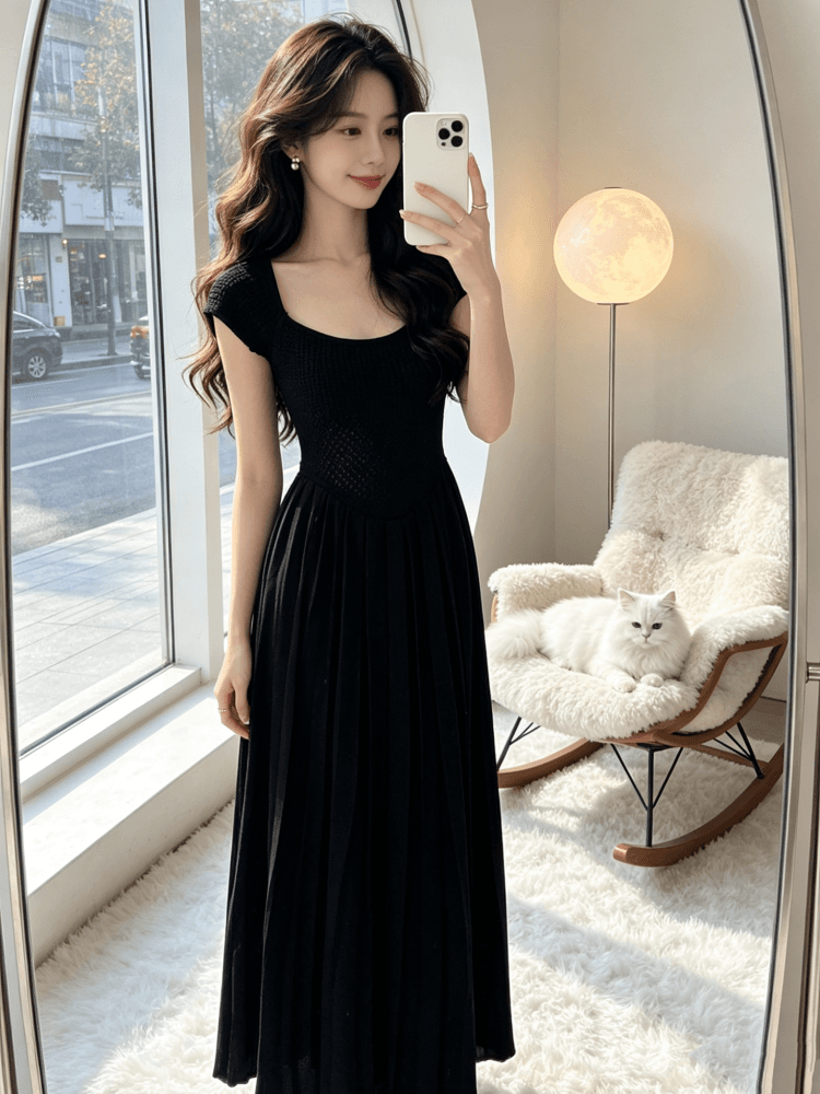 프랑스식 무거운 작업 품격 광장 칼라 홀로우 아웃 니트 롱 스커트 허리 수축 한 마디 큰 진자 여성 드레스 여름 반팔 치마 이미지 3