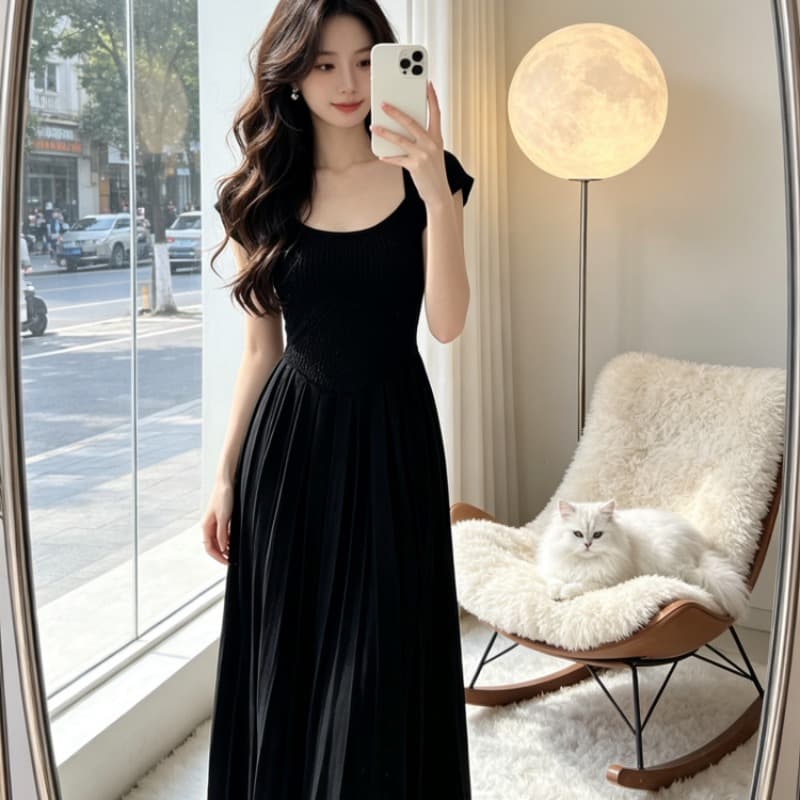 프랑스식 무거운 작업 품격 광장 칼라 홀로우 아웃 니트 롱 스커트 허리 수축 한 마디 큰 진자 여성 드레스 여름 반팔 치마 이미지 5