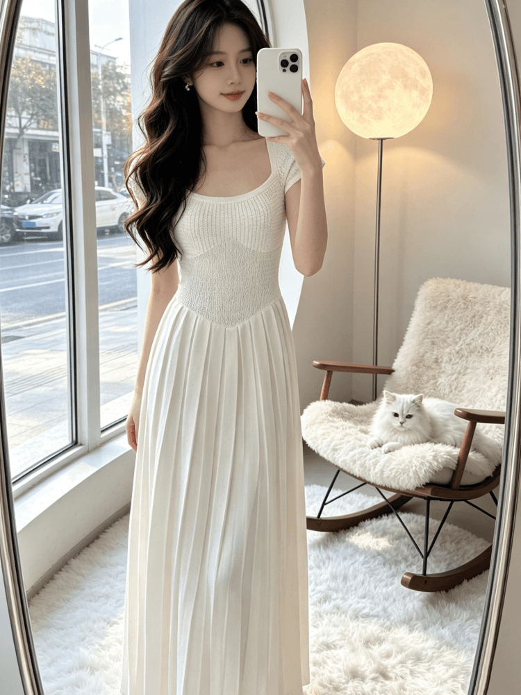 프랑스식 무거운 작업 품격 광장 칼라 홀로우 아웃 니트 롱 스커트 허리 수축 한 마디 큰 진자 여성 드레스 여름 반팔 치마 상세 이미지 1