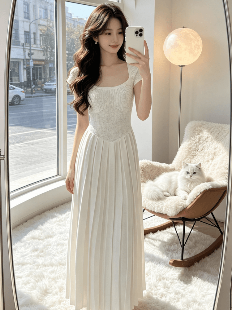 프랑스식 무거운 작업 품격 광장 칼라 홀로우 아웃 니트 롱 스커트 허리 수축 한 마디 큰 진자 여성 드레스 여름 반팔 치마 상세 이미지 3