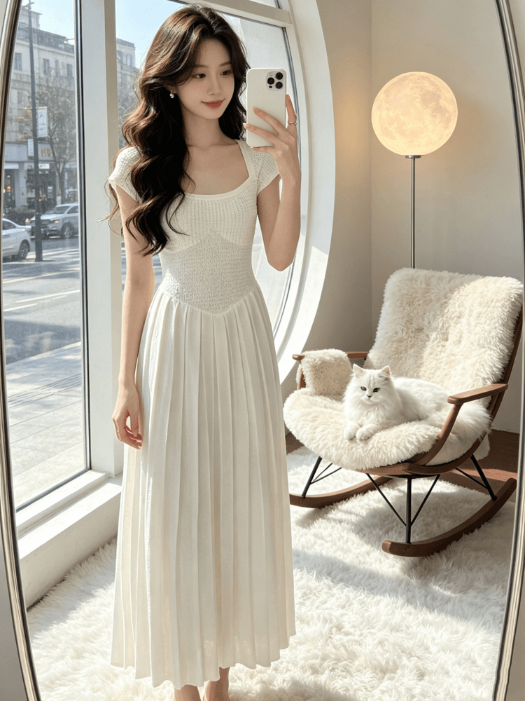 프랑스식 무거운 작업 품격 광장 칼라 홀로우 아웃 니트 롱 스커트 허리 수축 한 마디 큰 진자 여성 드레스 여름 반팔 치마 상세 이미지 5