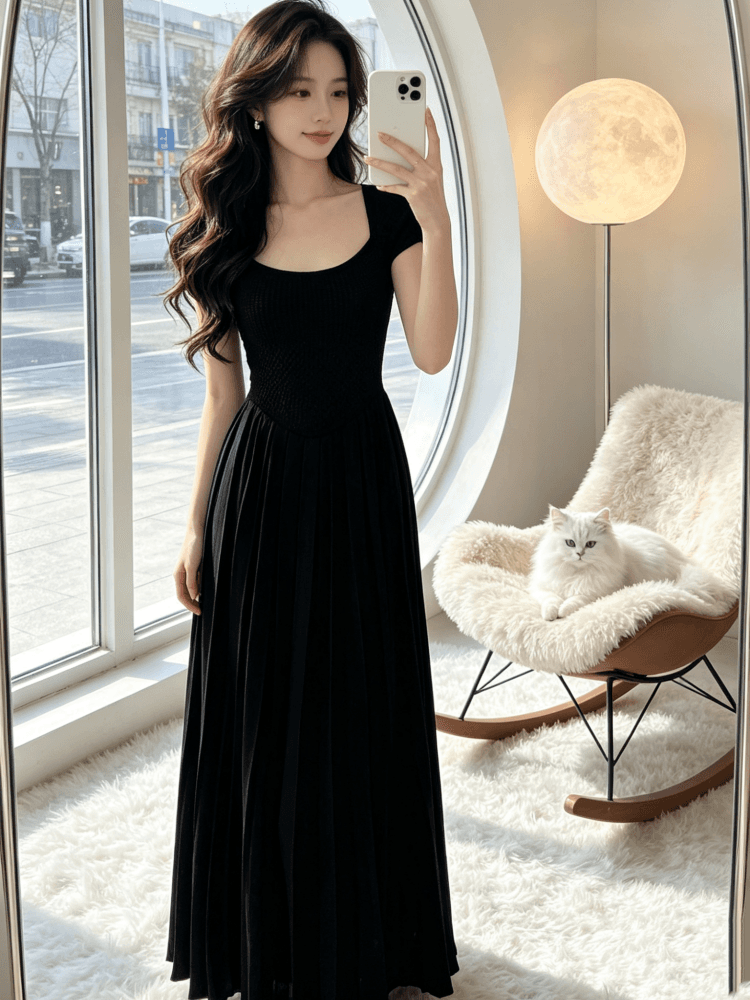 프랑스식 무거운 작업 품격 광장 칼라 홀로우 아웃 니트 롱 스커트 허리 수축 한 마디 큰 진자 여성 드레스 여름 반팔 치마 상세 이미지 8
