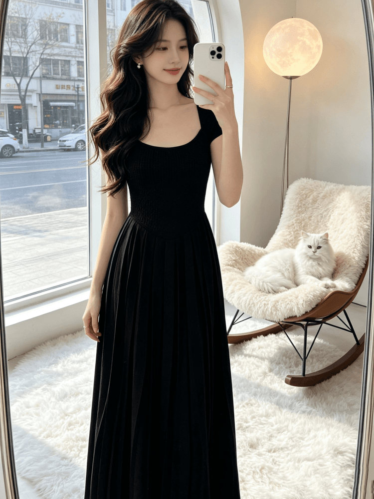 프랑스식 무거운 작업 품격 광장 칼라 홀로우 아웃 니트 롱 스커트 허리 수축 한 마디 큰 진자 여성 드레스 여름 반팔 치마 상세 이미지 9