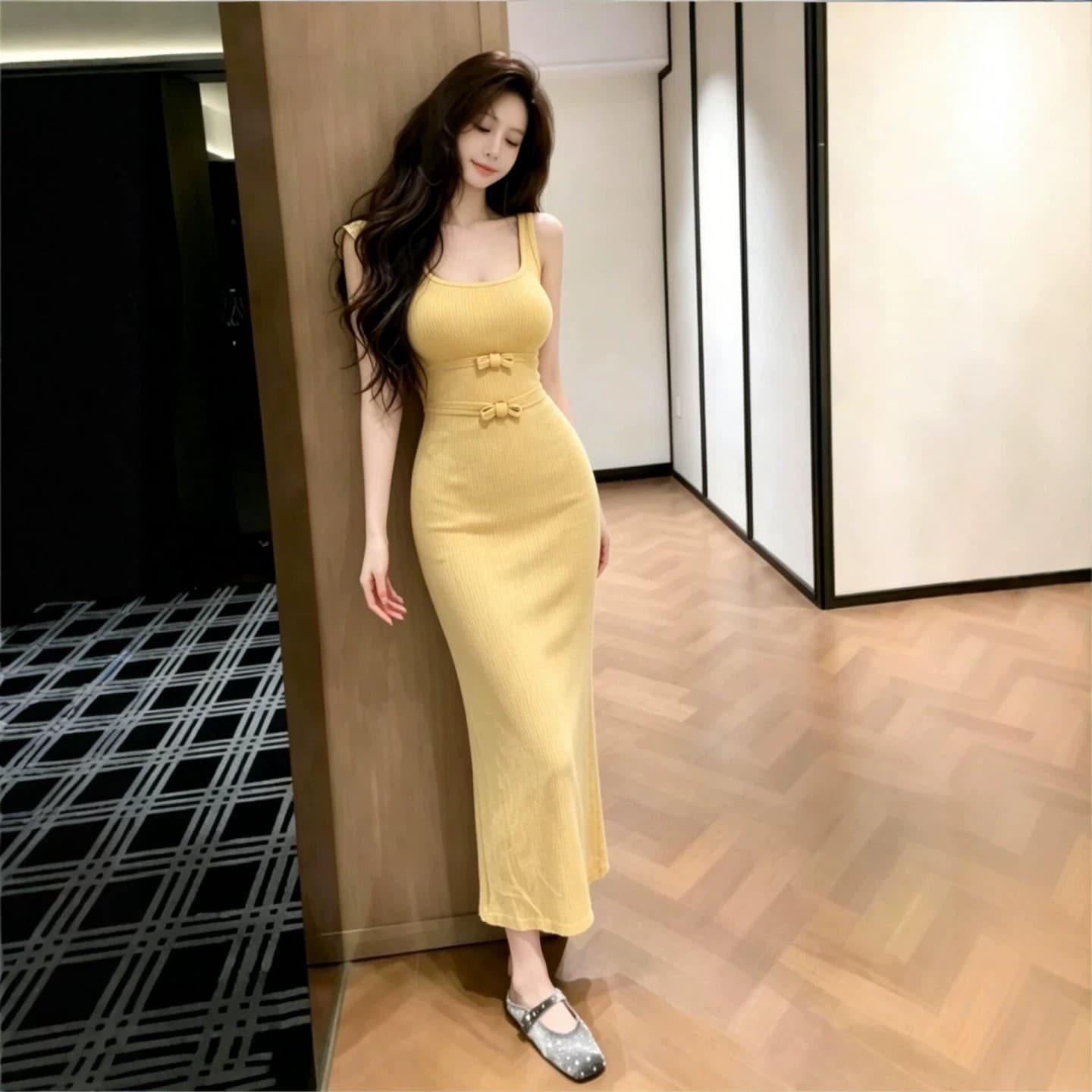 프랑스식 나비 매듭 니트 여성 드레스 2026 여름 새로운 디자인 센스 허리 수축 슬림해 보이는 몸매 가꾸기 롱 스커트 황색 이미지 3