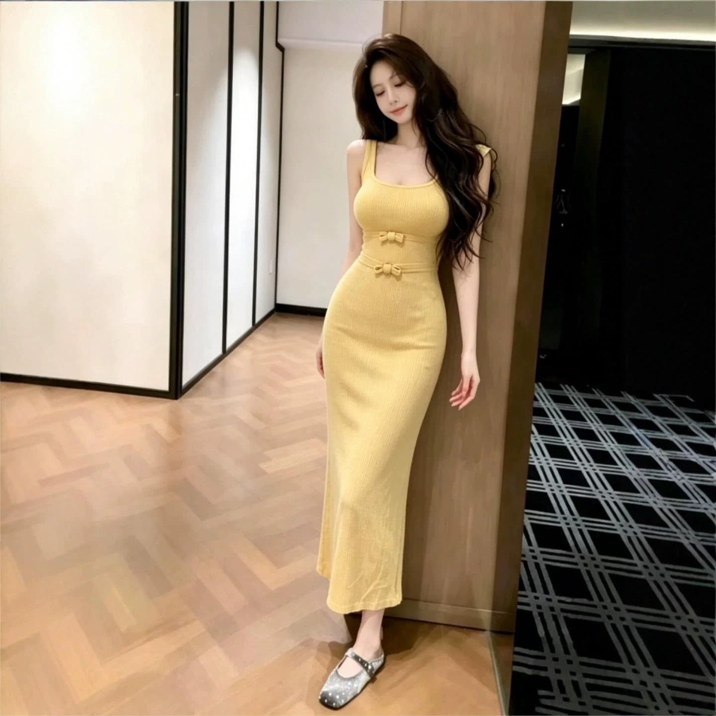 프랑스식 나비 매듭 니트 여성 드레스 2026 여름 새로운 디자인 센스 허리 수축 슬림해 보이는 몸매 가꾸기 롱 스커트 황색 상세 이미지 4