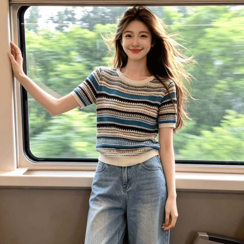 2026 한 부서 레트로 배색 스트라이프 자수 홀로우 아웃 반팔 니트 스웨터 여름 새로운 맨위 루즈핏 슬림해 보이는 여성 상세 이미지 5