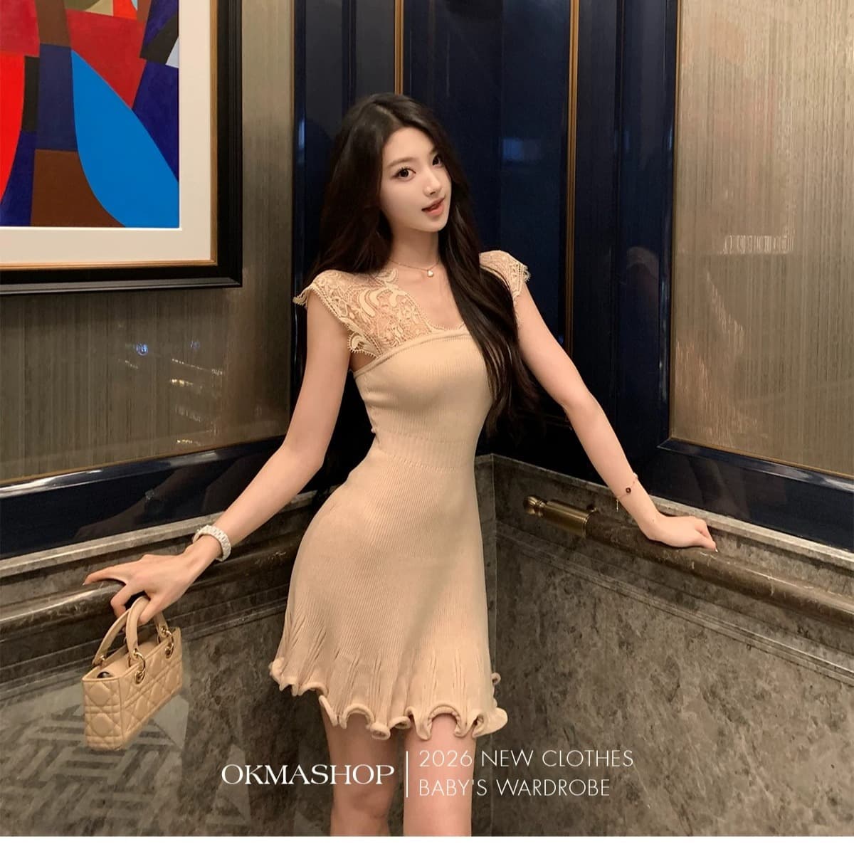 okmashop 몽환 어둠의 언어 레이스 V넥 여성 드레스 봄 여름 품격 몸매 가꾸기 허리 수축 홀로우 아웃 치마 이미지 2