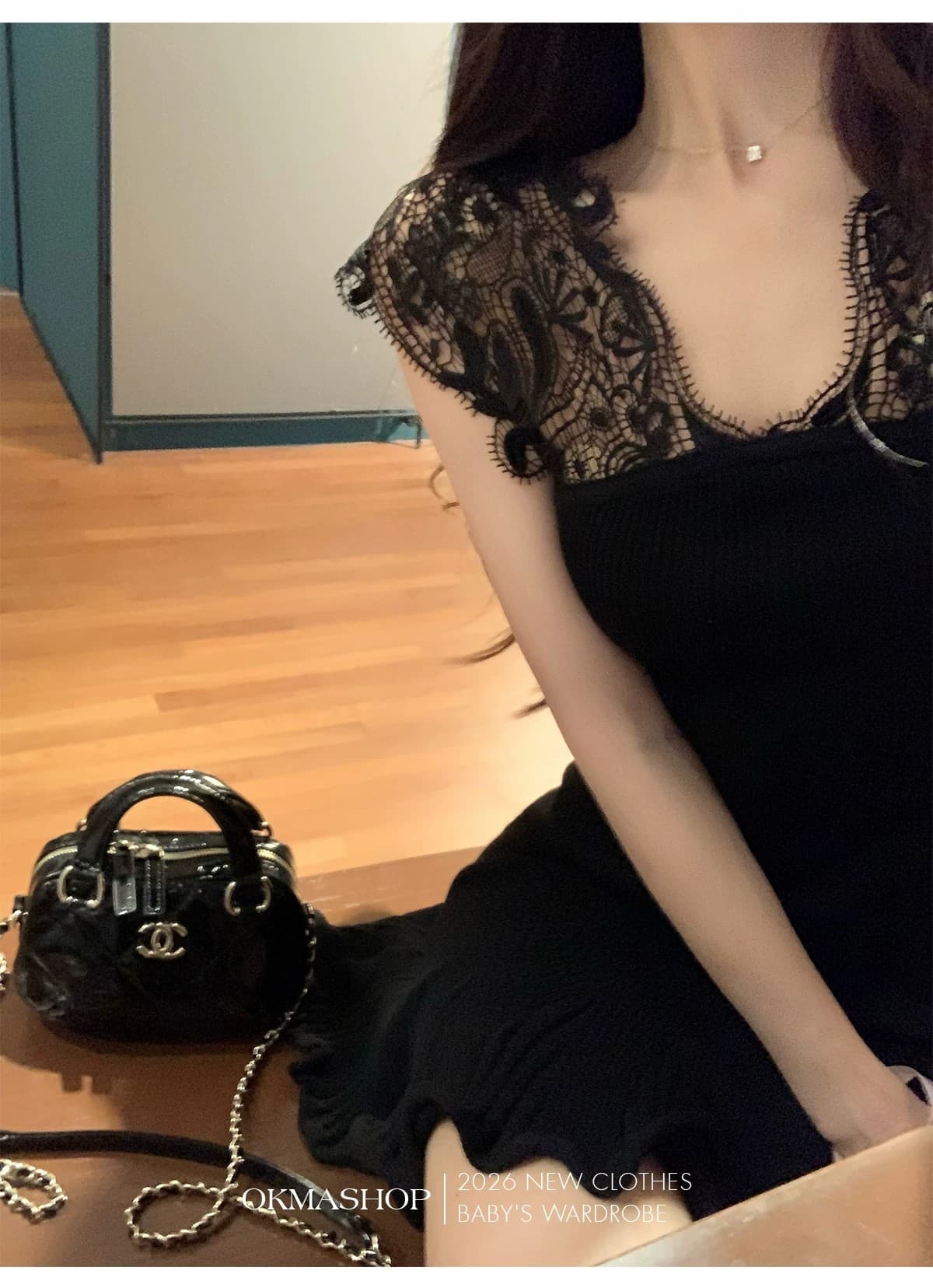 okmashop 몽환 어둠의 언어 레이스 V넥 여성 드레스 봄 여름 품격 몸매 가꾸기 허리 수축 홀로우 아웃 치마 이미지 3