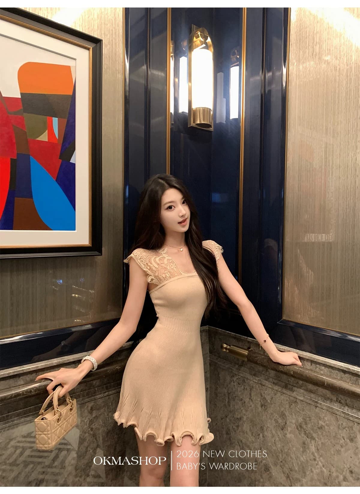 okmashop 몽환 어둠의 언어 레이스 V넥 여성 드레스 봄 여름 품격 몸매 가꾸기 허리 수축 홀로우 아웃 치마 상세 이미지 15