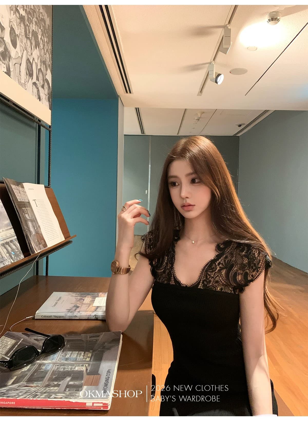 okmashop 몽환 어둠의 언어 레이스 V넥 여성 드레스 봄 여름 품격 몸매 가꾸기 허리 수축 홀로우 아웃 치마 상세 이미지 18