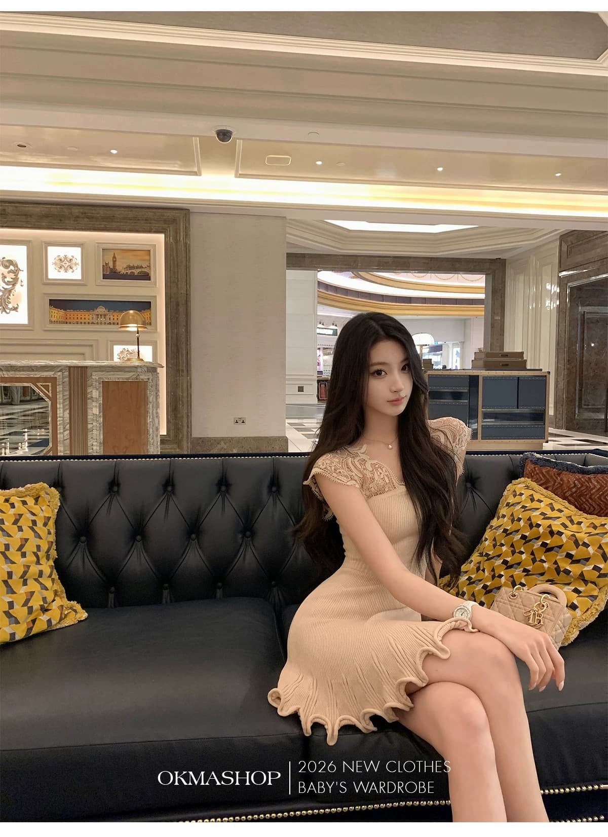 okmashop 몽환 어둠의 언어 레이스 V넥 여성 드레스 봄 여름 품격 몸매 가꾸기 허리 수축 홀로우 아웃 치마 상세 이미지 30