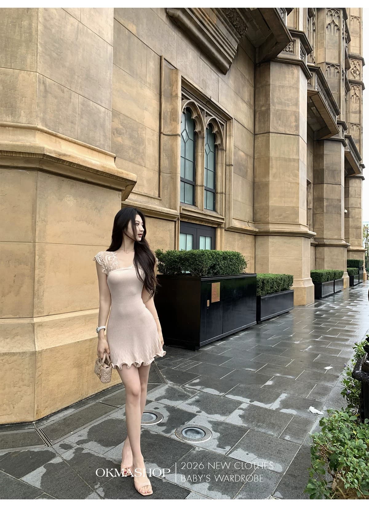okmashop 몽환 어둠의 언어 레이스 V넥 여성 드레스 봄 여름 품격 몸매 가꾸기 허리 수축 홀로우 아웃 치마 상세 이미지 31