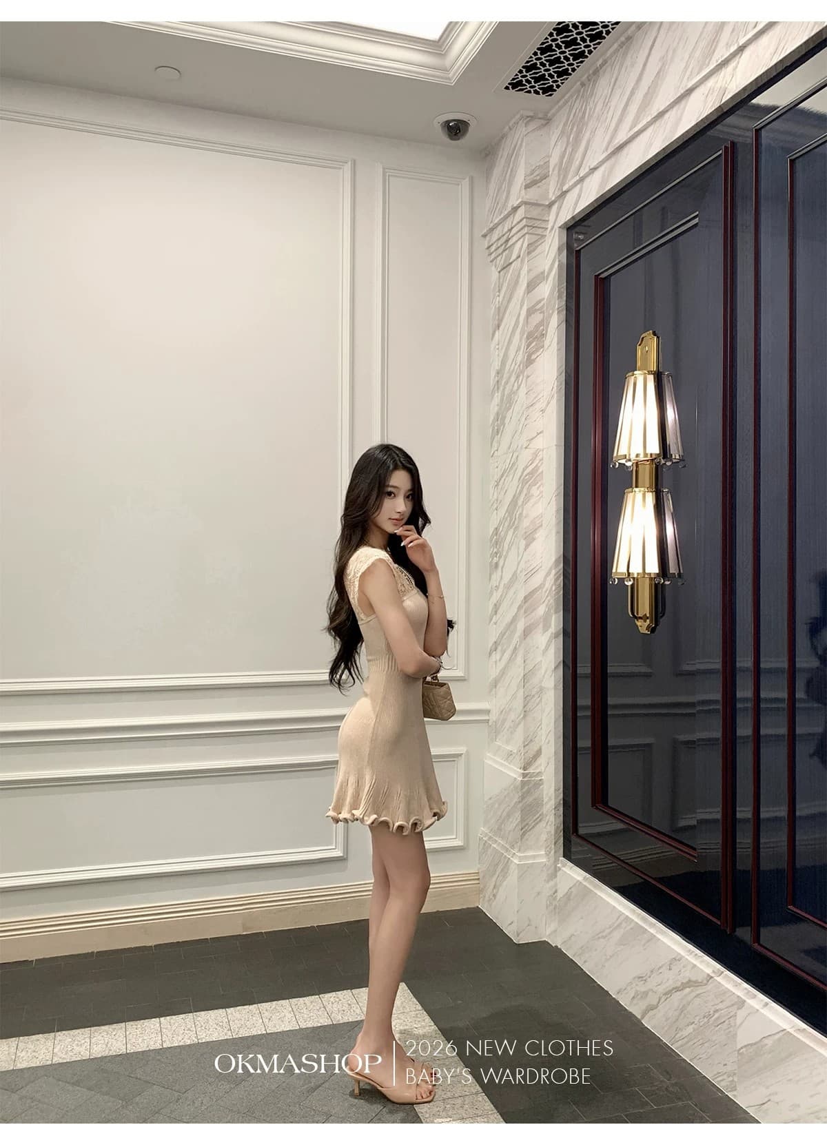 okmashop 몽환 어둠의 언어 레이스 V넥 여성 드레스 봄 여름 품격 몸매 가꾸기 허리 수축 홀로우 아웃 치마 상세 이미지 40