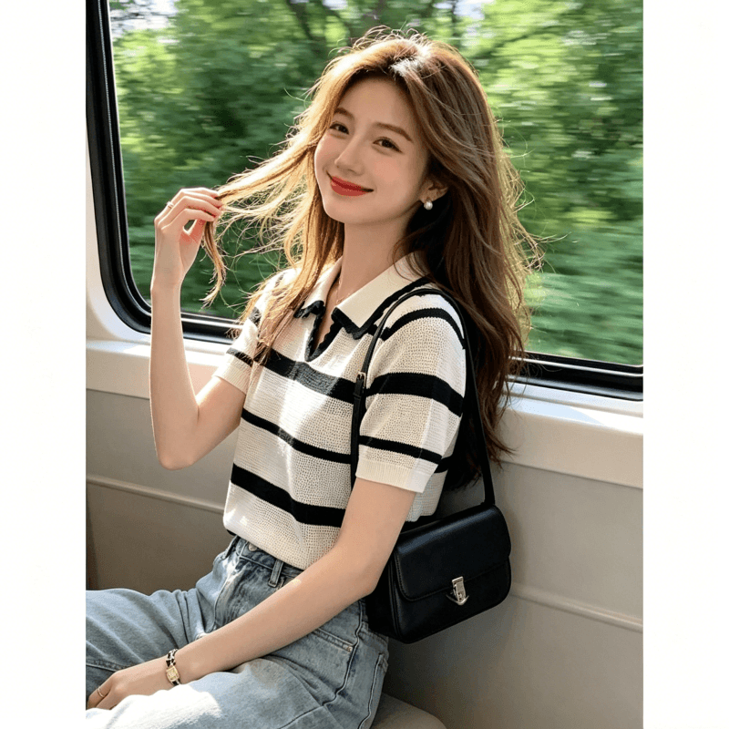 한 부서 배색 스트라이프 POLO 셔츠 니트 반팔 티셔츠 여성 여름 얇은 스타일 홀로우 아웃 폴로 칼라 쇼트 스타일 긍정적 인 어깨 의류 이미지 4