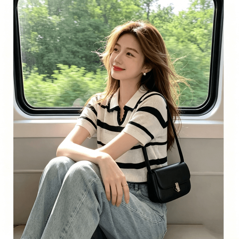한 부서 배색 스트라이프 POLO 셔츠 니트 반팔 티셔츠 여성 여름 얇은 스타일 홀로우 아웃 폴로 칼라 쇼트 스타일 긍정적 인 어깨 의류 이미지 2