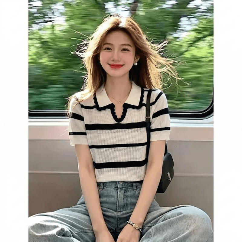 한 부서 배색 스트라이프 POLO 셔츠 니트 반팔 티셔츠 여성 여름 얇은 스타일 홀로우 아웃 폴로 칼라 쇼트 스타일 긍정적 인 어깨 의류 상세 이미지 1