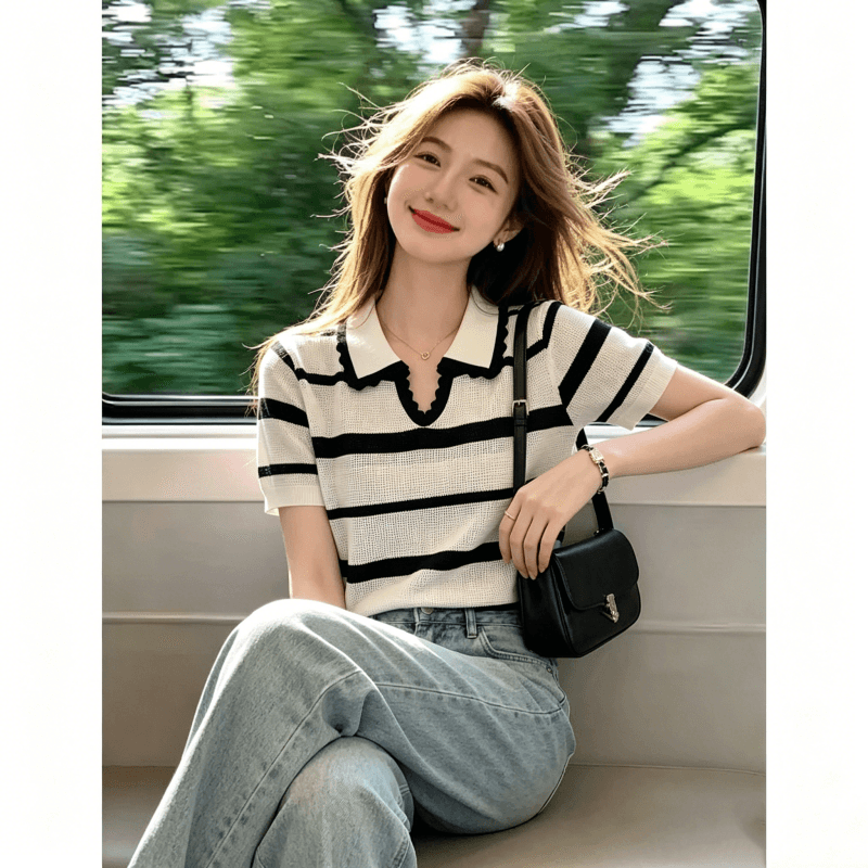 한 부서 배색 스트라이프 POLO 셔츠 니트 반팔 티셔츠 여성 여름 얇은 스타일 홀로우 아웃 폴로 칼라 쇼트 스타일 긍정적 인 어깨 의류 상세 이미지 6