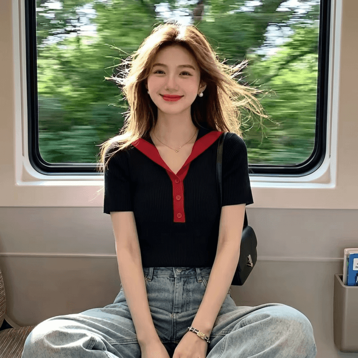 2026 슈퍼 화재 연령 감소 배색 폴로 칼라 반팔 티셔츠 조기 여름 여성 의류 디자인 센스 몸매 가꾸기 외출용 니트 맨위 상세 이미지 4