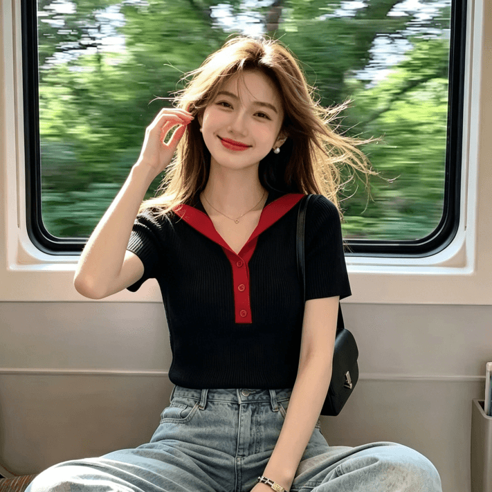 2026 슈퍼 화재 연령 감소 배색 폴로 칼라 반팔 티셔츠 조기 여름 여성 의류 디자인 센스 몸매 가꾸기 외출용 니트 맨위 상세 이미지 6