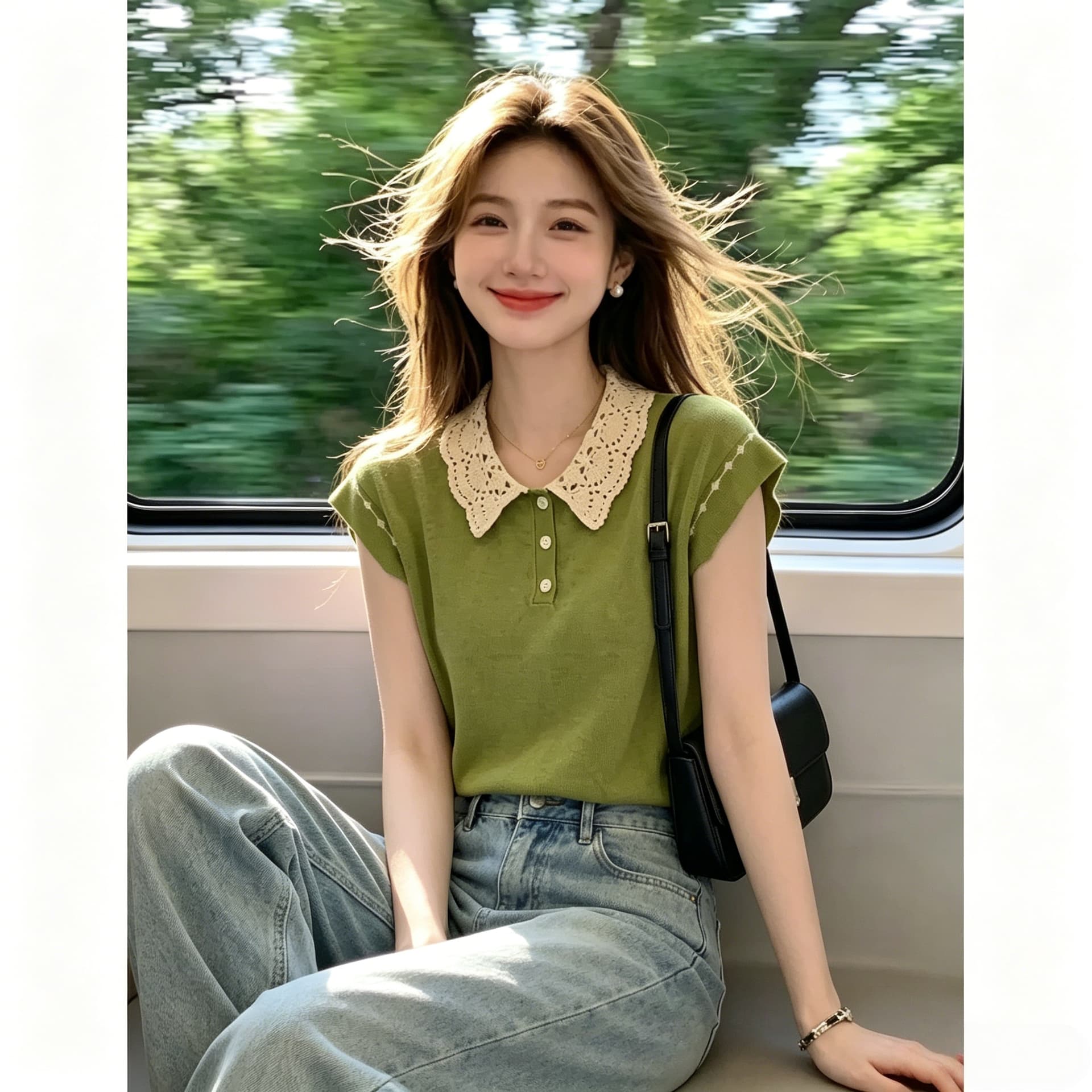 베이비 칼라 Feifei 소매 짠 셔츠 여성 얇은 스타일 여름 새로운 패션 외국 가스 루즈핏 품격 캐주얼 연령 감소 맨위 이미지 2