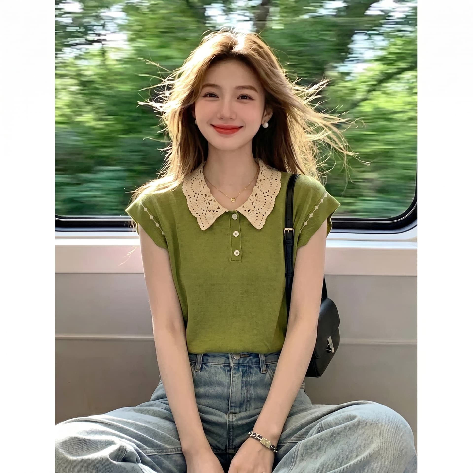 베이비 칼라 Feifei 소매 짠 셔츠 여성 얇은 스타일 여름 새로운 패션 외국 가스 루즈핏 품격 캐주얼 연령 감소 맨위 상세 이미지 1