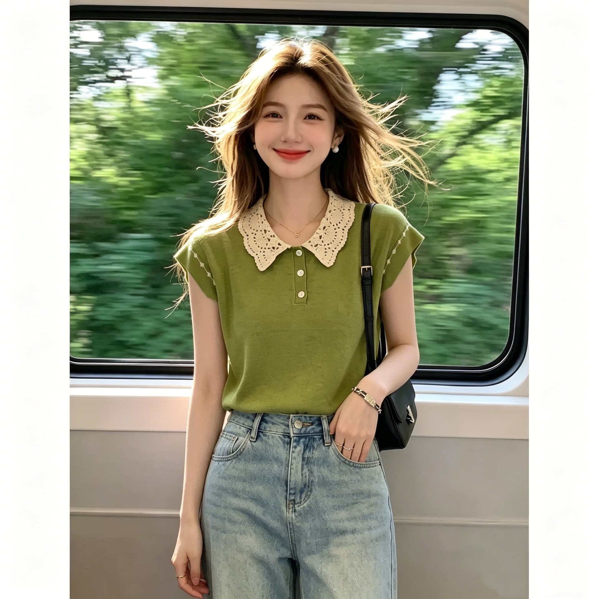 베이비 칼라 Feifei 소매 짠 셔츠 여성 얇은 스타일 여름 새로운 패션 외국 가스 루즈핏 품격 캐주얼 연령 감소 맨위 상세 이미지 3