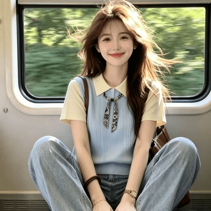 한 부서 우아함 바람 배색 페이크 레이어드 니트 스웨터 반팔 여성 2026 여름 새로운 스카프 레이스업 캐주얼 맨위 이미지 5
