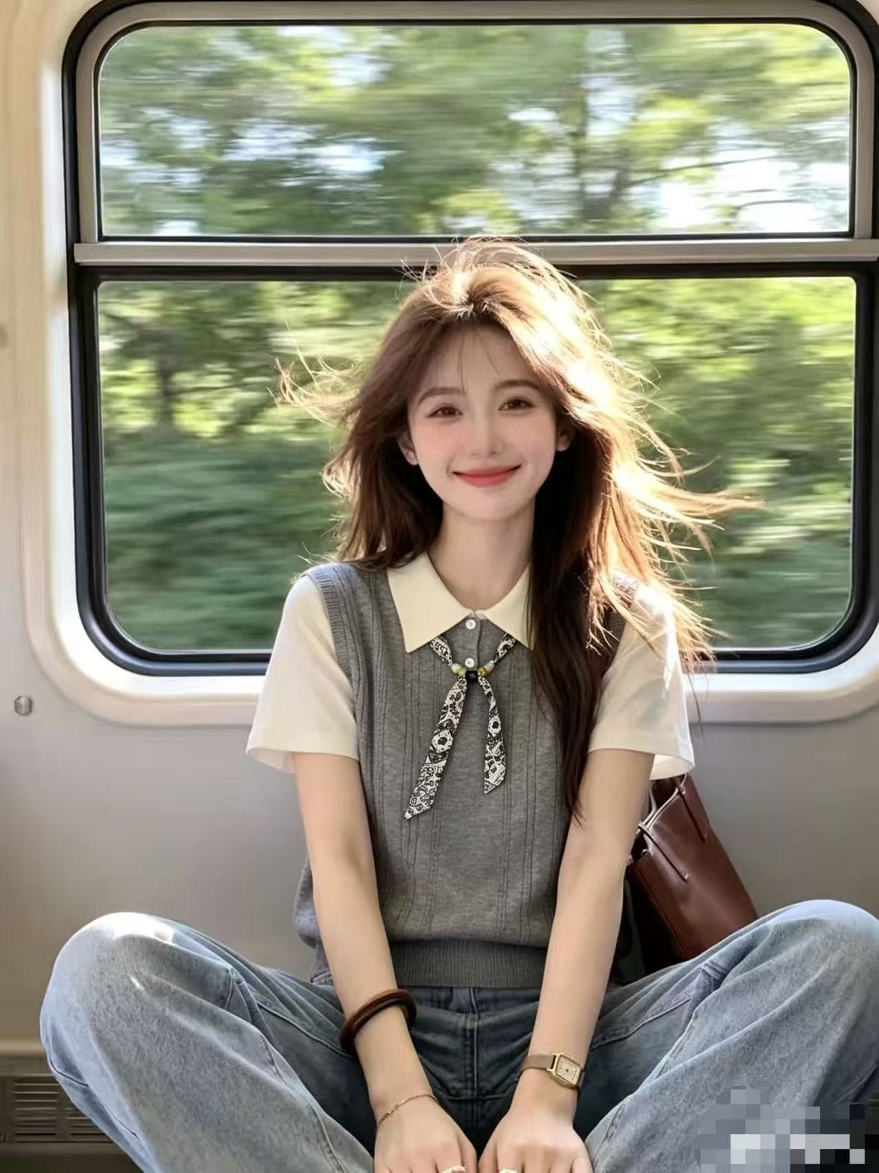 한 부서 우아함 바람 배색 페이크 레이어드 니트 스웨터 반팔 여성 2026 여름 새로운 스카프 레이스업 캐주얼 맨위 상세 이미지 1