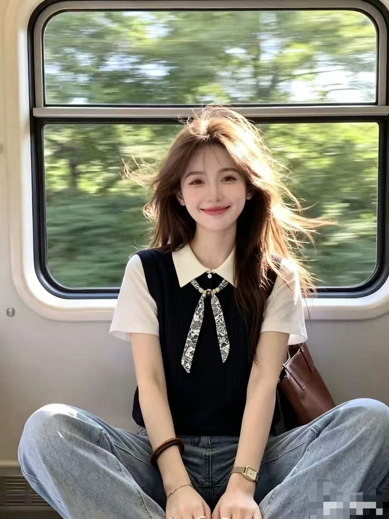 한 부서 우아함 바람 배색 페이크 레이어드 니트 스웨터 반팔 여성 2026 여름 새로운 스카프 레이스업 캐주얼 맨위 상세 이미지 2