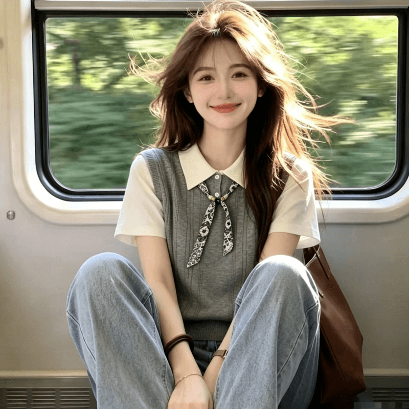 한 부서 우아함 바람 배색 페이크 레이어드 니트 스웨터 반팔 여성 2026 여름 새로운 스카프 레이스업 캐주얼 맨위 상세 이미지 4