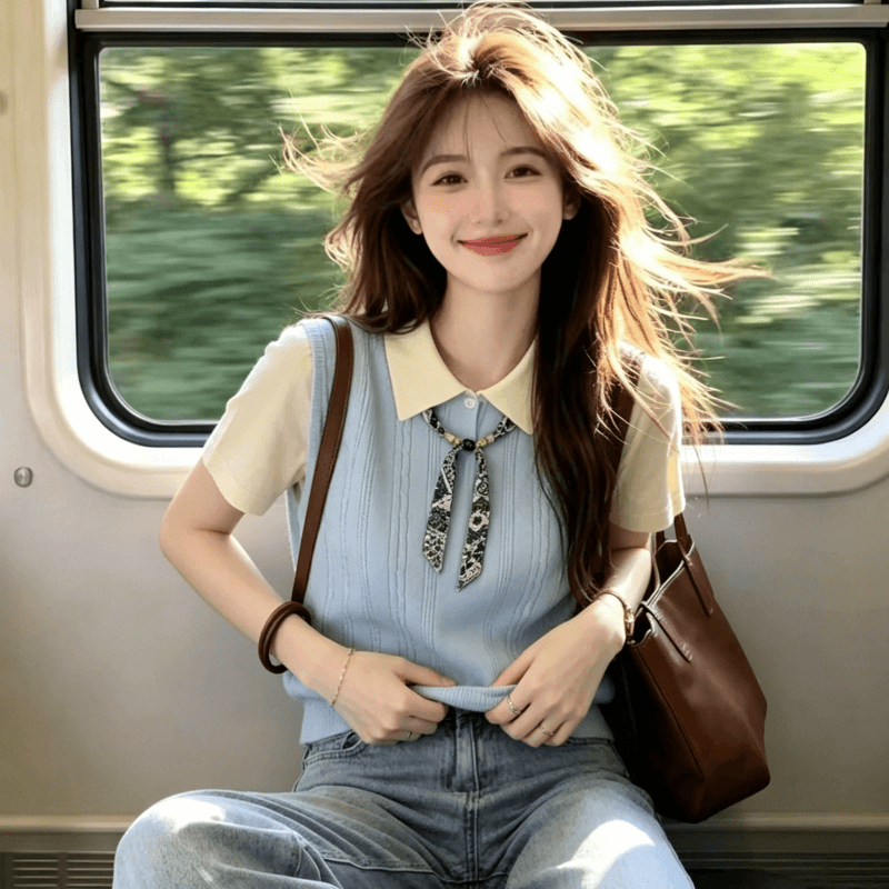 한 부서 우아함 바람 배색 페이크 레이어드 니트 스웨터 반팔 여성 2026 여름 새로운 스카프 레이스업 캐주얼 맨위 상세 이미지 6