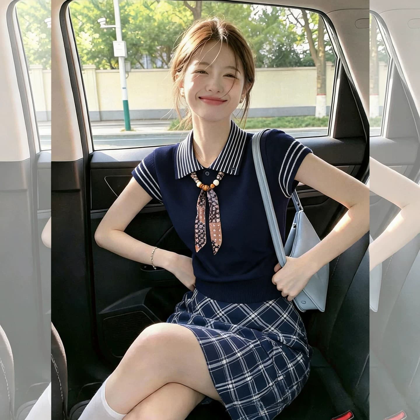 한 부서 학원 스타일 스카프 스트라이프 반팔 티셔츠 여성 여름 연령 감소 긍정적 인 어깨 자이언트 잘 생긴 POLO 셔츠 살구 색상 맨위 상세 이미지 4