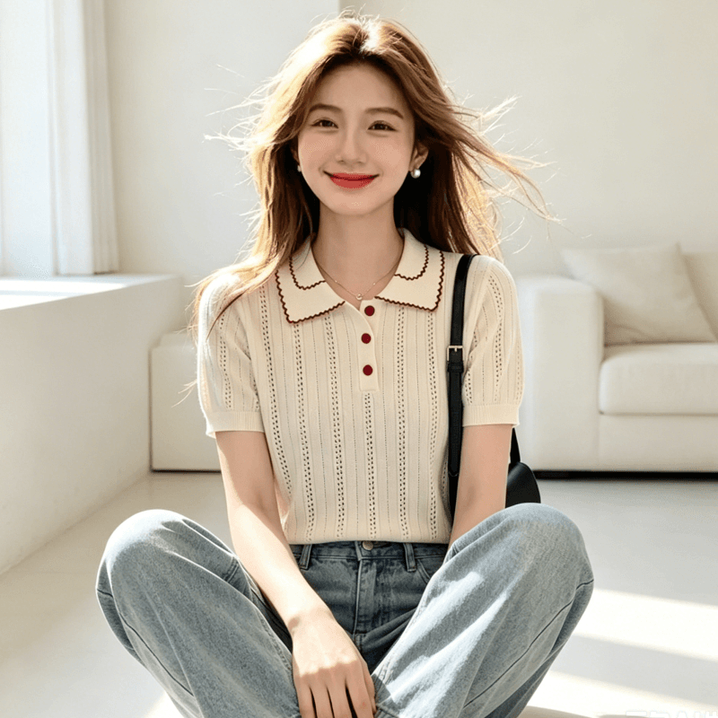 학원 스타일 배색 POLO 셔츠 2026 여름 반팔 폴로 칼라 니트 스웨터 베이지 색 캐주얼 품격 맨위 이미지 2