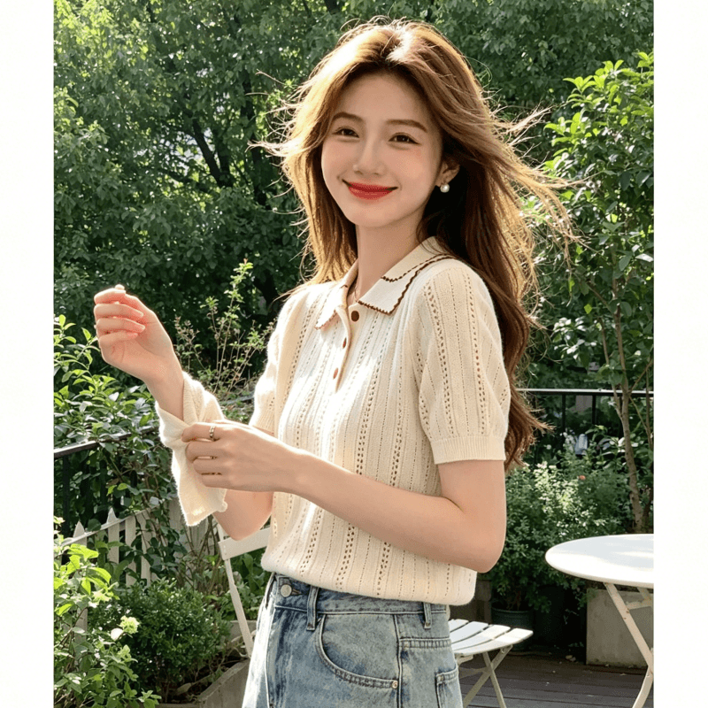 학원 스타일 배색 POLO 셔츠 2026 여름 반팔 폴로 칼라 니트 스웨터 베이지 색 캐주얼 품격 맨위 이미지 3