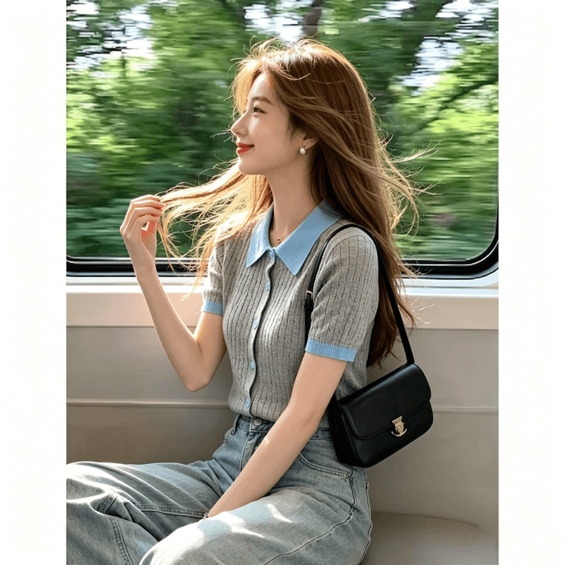 2026 레트로 POLO 칼라 배색 니트 스웨터 반팔 티셔츠 여성 여름 한 부서 몸매 가꾸기 슬림해 보이는 디자인 센스 작은 대중 이미지 3