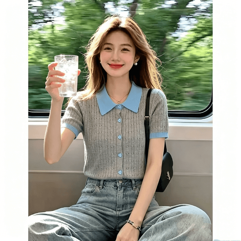 2026 레트로 POLO 칼라 배색 니트 스웨터 반팔 티셔츠 여성 여름 한 부서 몸매 가꾸기 슬림해 보이는 디자인 센스 작은 대중 이미지 4