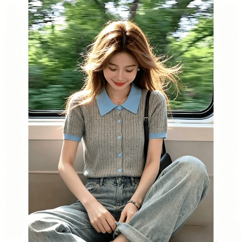 2026 레트로 POLO 칼라 배색 니트 스웨터 반팔 티셔츠 여성 여름 한 부서 몸매 가꾸기 슬림해 보이는 디자인 센스 작은 대중 이미지 2