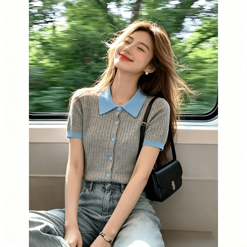 2026 레트로 POLO 칼라 배색 니트 스웨터 반팔 티셔츠 여성 여름 한 부서 몸매 가꾸기 슬림해 보이는 디자인 센스 작은 대중 이미지 5