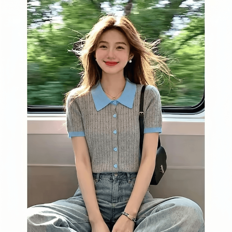 2026 레트로 POLO 칼라 배색 니트 스웨터 반팔 티셔츠 여성 여름 한 부서 몸매 가꾸기 슬림해 보이는 디자인 센스 작은 대중 상세 이미지 1