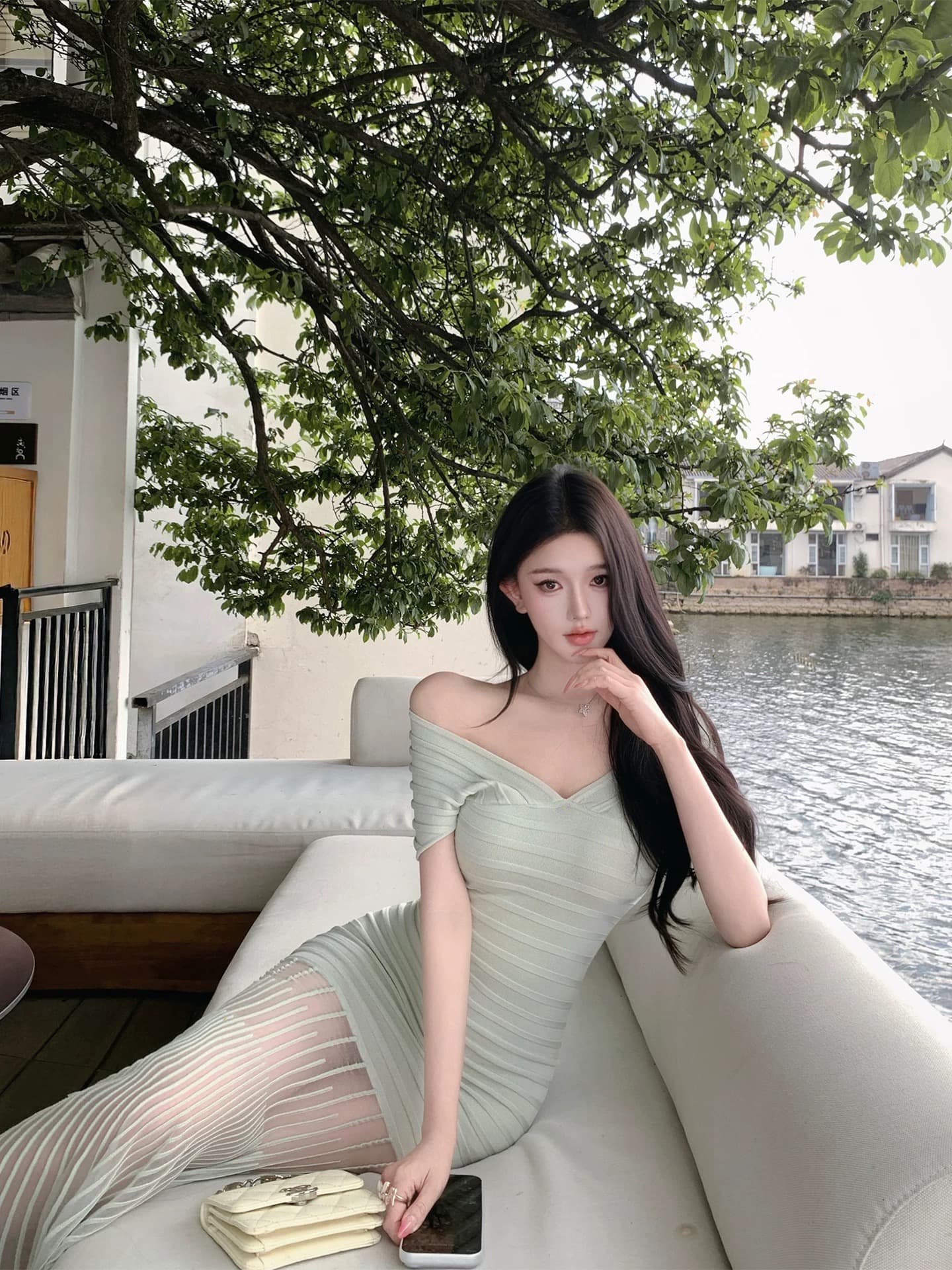 jayky yang 봄날 부드러운 빛 빅 브이 넥 몸매 가꾸기 인어 꼬리 롱 코트 타이트 스커트 허리 수축 슬림해 보이는 니트 롱 스커트 상세 이미지 5