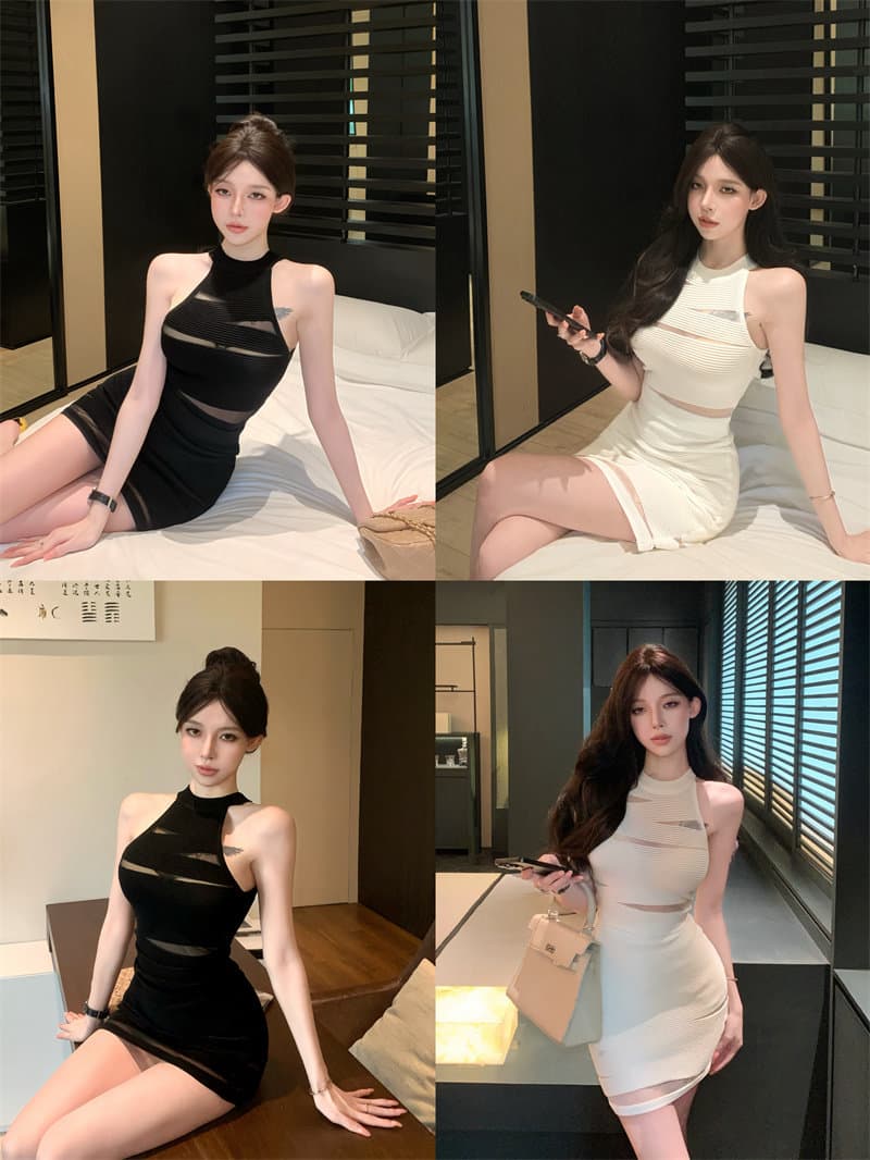망사 패치워크 홀로우 아웃 민소매 행침 목 조끼 여성 여름 디스플레이 몸 세트 순수한 욕망 타이트 스커트 반신 스커트 투피스 세트 이미지 4