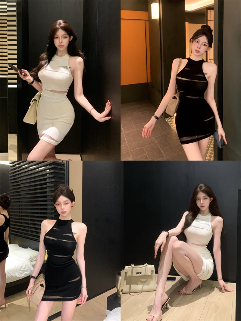 망사 패치워크 홀로우 아웃 민소매 행침 목 조끼 여성 여름 디스플레이 몸 세트 순수한 욕망 타이트 스커트 반신 스커트 투피스 세트 상세 이미지 2