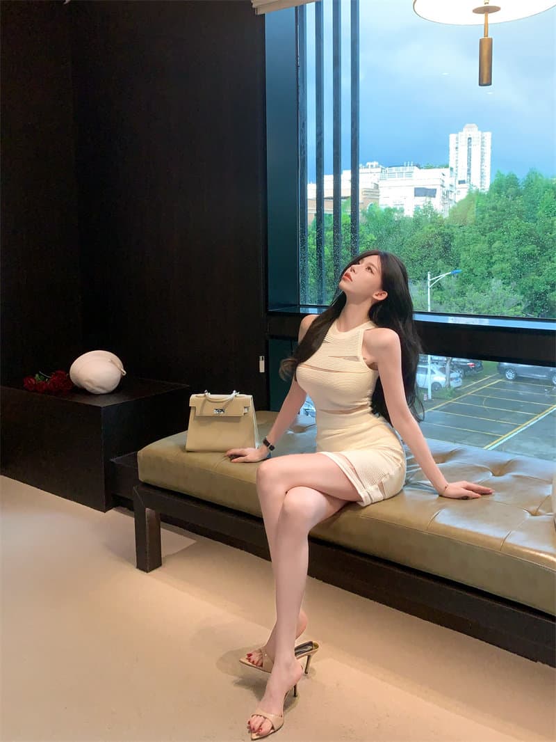 망사 패치워크 홀로우 아웃 민소매 행침 목 조끼 여성 여름 디스플레이 몸 세트 순수한 욕망 타이트 스커트 반신 스커트 투피스 세트 상세 이미지 6