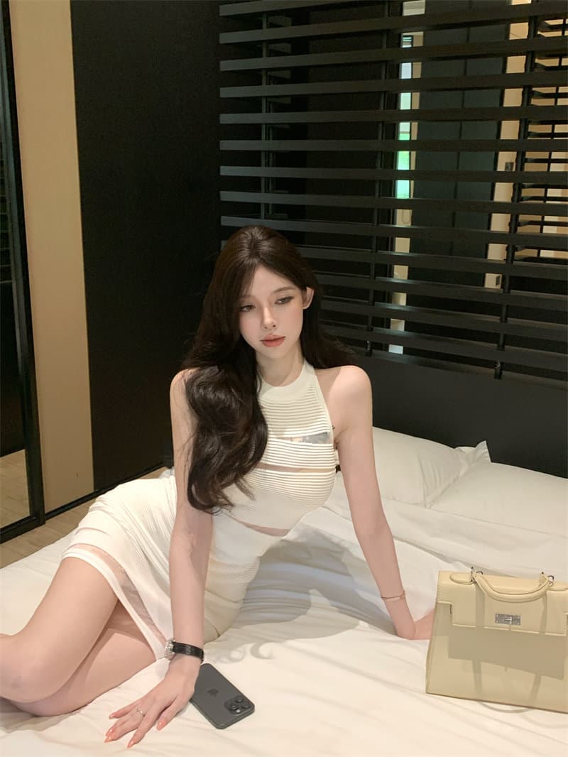 망사 패치워크 홀로우 아웃 민소매 행침 목 조끼 여성 여름 디스플레이 몸 세트 순수한 욕망 타이트 스커트 반신 스커트 투피스 세트 상세 이미지 11