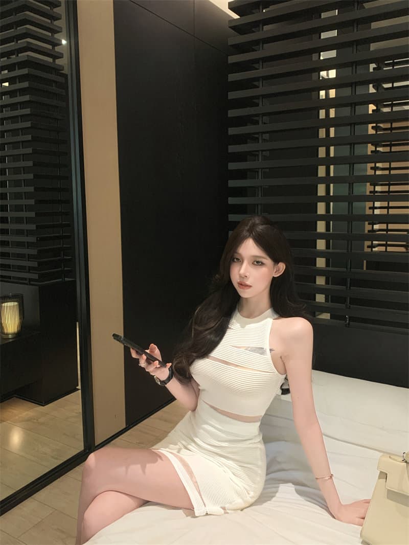망사 패치워크 홀로우 아웃 민소매 행침 목 조끼 여성 여름 디스플레이 몸 세트 순수한 욕망 타이트 스커트 반신 스커트 투피스 세트 상세 이미지 12