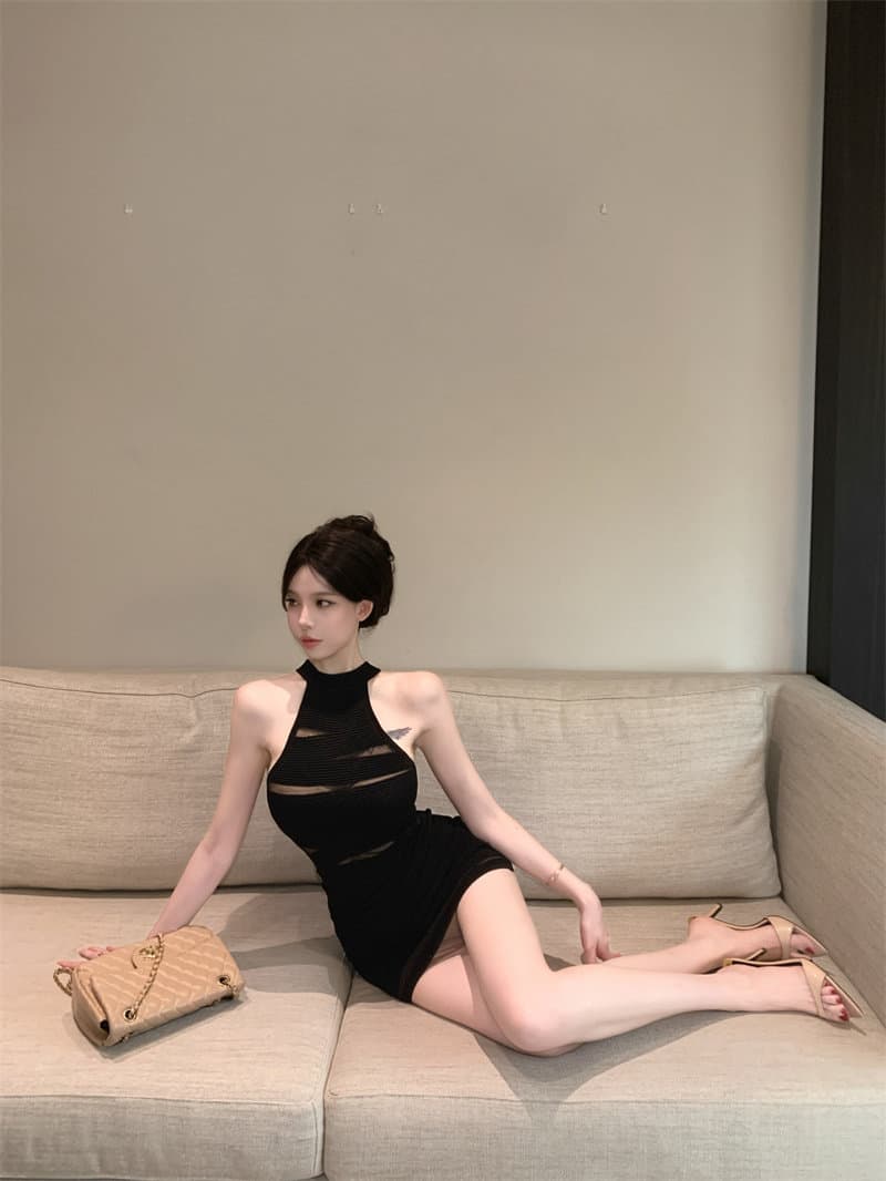 망사 패치워크 홀로우 아웃 민소매 행침 목 조끼 여성 여름 디스플레이 몸 세트 순수한 욕망 타이트 스커트 반신 스커트 투피스 세트 상세 이미지 14