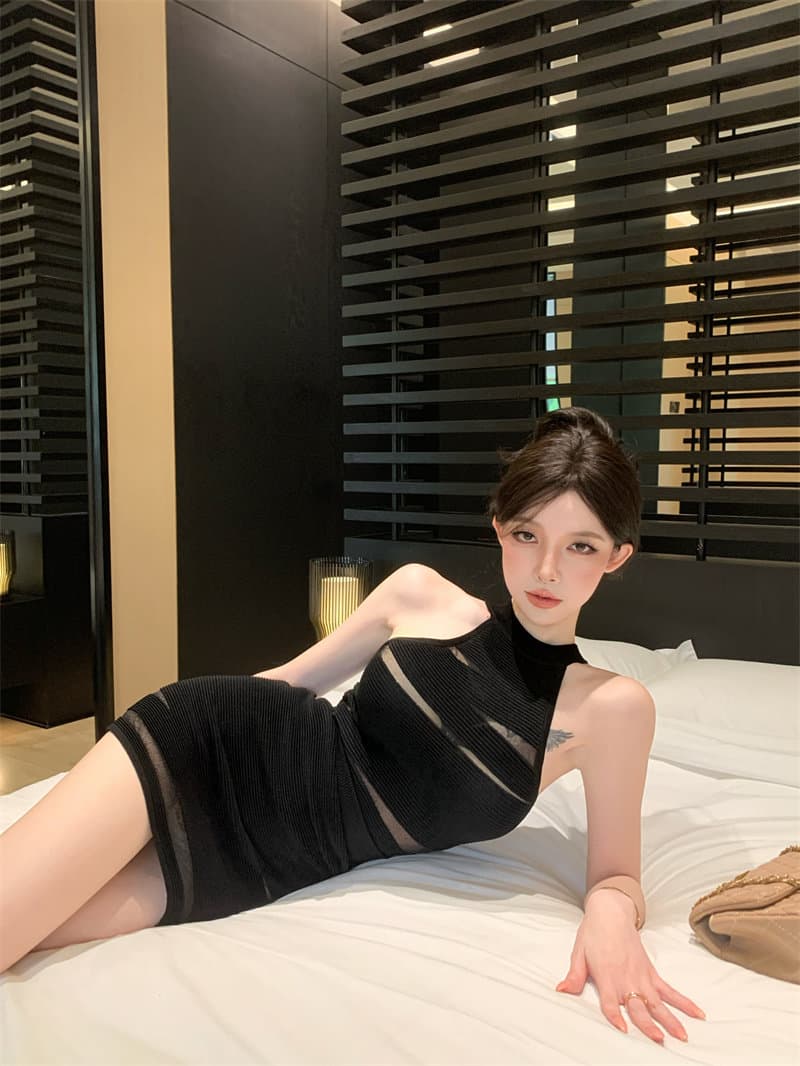 망사 패치워크 홀로우 아웃 민소매 행침 목 조끼 여성 여름 디스플레이 몸 세트 순수한 욕망 타이트 스커트 반신 스커트 투피스 세트 상세 이미지 16