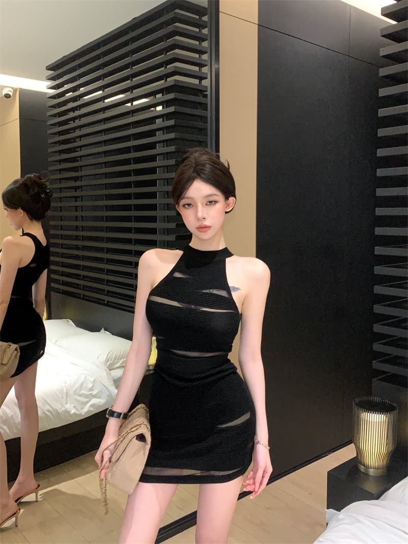망사 패치워크 홀로우 아웃 민소매 행침 목 조끼 여성 여름 디스플레이 몸 세트 순수한 욕망 타이트 스커트 반신 스커트 투피스 세트 상세 이미지 17
