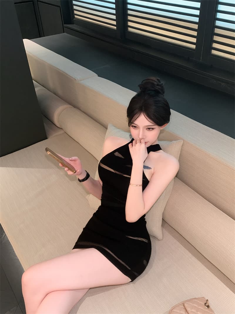 망사 패치워크 홀로우 아웃 민소매 행침 목 조끼 여성 여름 디스플레이 몸 세트 순수한 욕망 타이트 스커트 반신 스커트 투피스 세트 상세 이미지 22