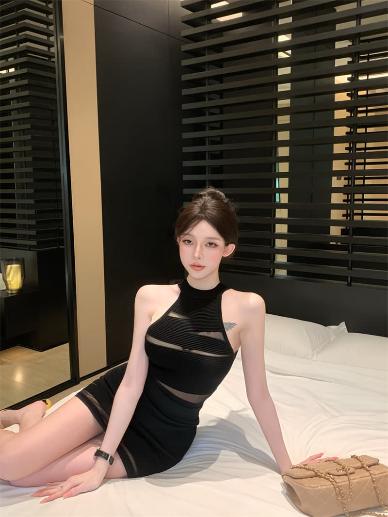망사 패치워크 홀로우 아웃 민소매 행침 목 조끼 여성 여름 디스플레이 몸 세트 순수한 욕망 타이트 스커트 반신 스커트 투피스 세트 상세 이미지 23